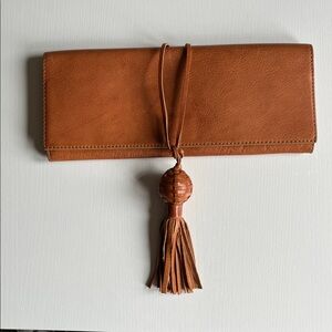 Banana Republic Tan Camel Leather Bohemian Unique Tassel Knot Clutch